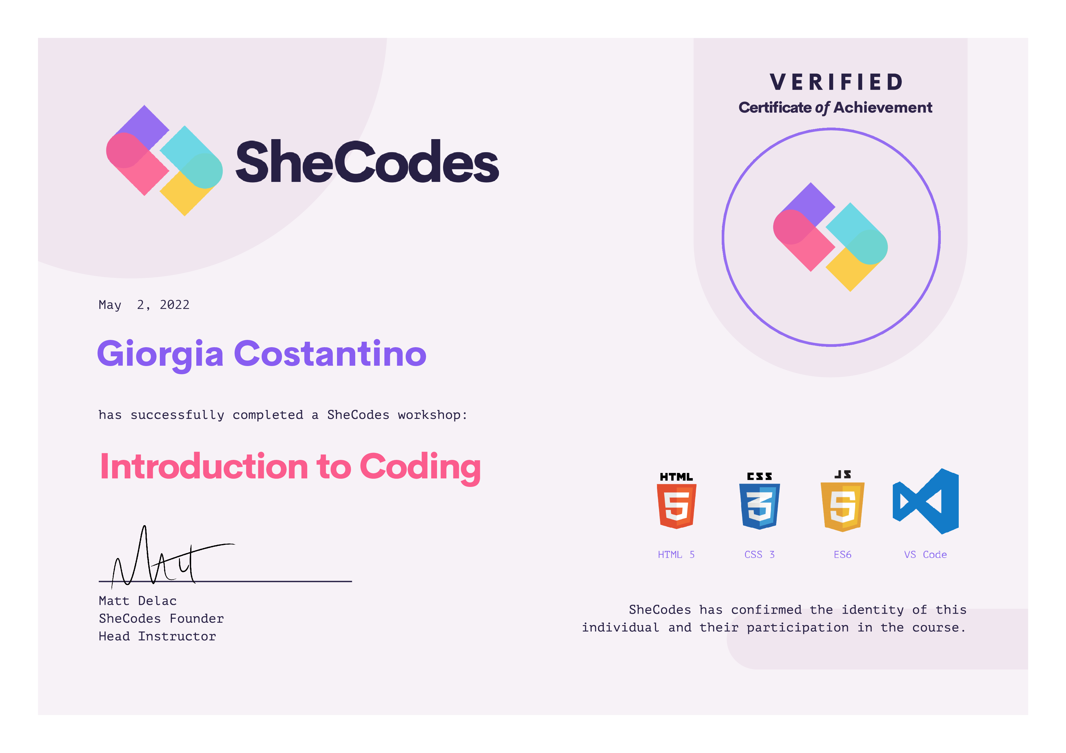 Certificate of Giorgia - base course with SheCodes